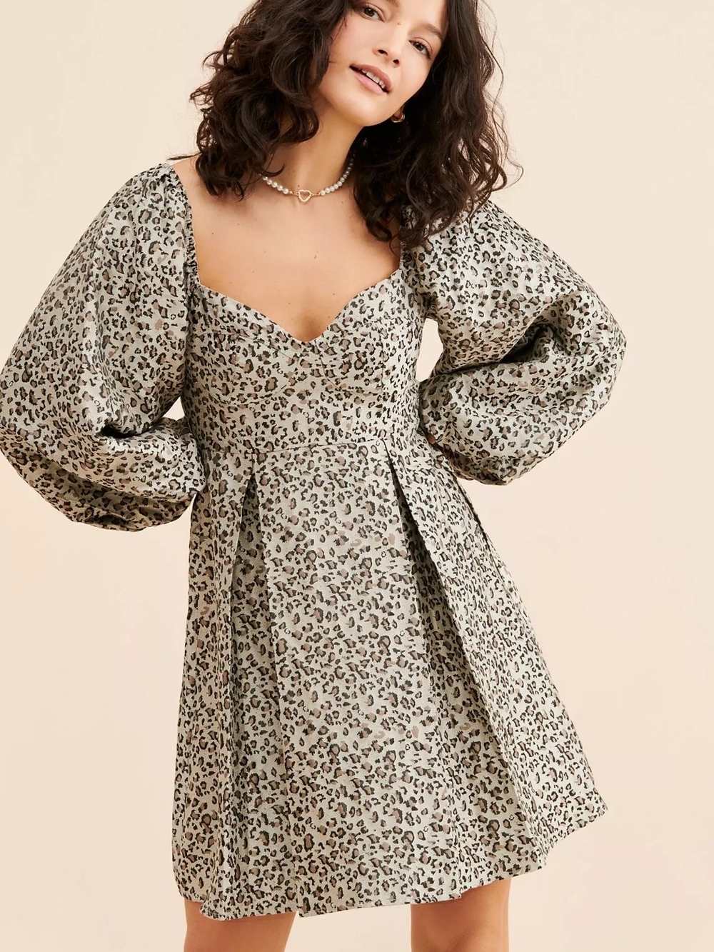 Sister Jane Cream and Black Leopard Puff-Sleeve Mini Dress